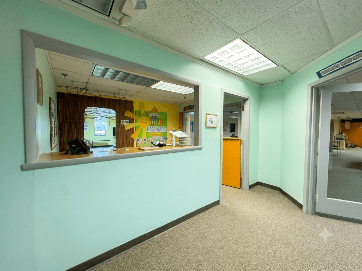 Kids Connection check-in window and hallway