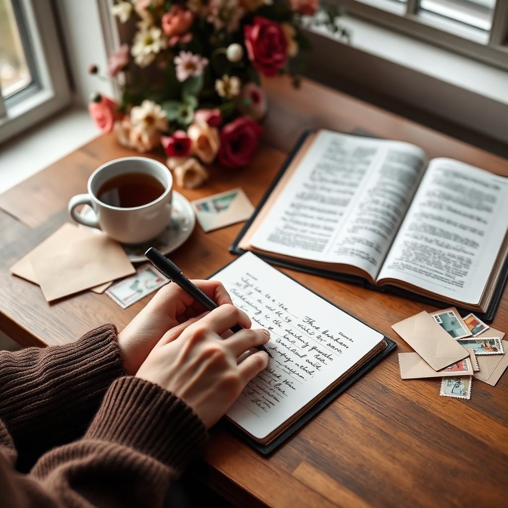 A woman handwriting an encouragement card at a warm desk with an open Bible and fresh flowers