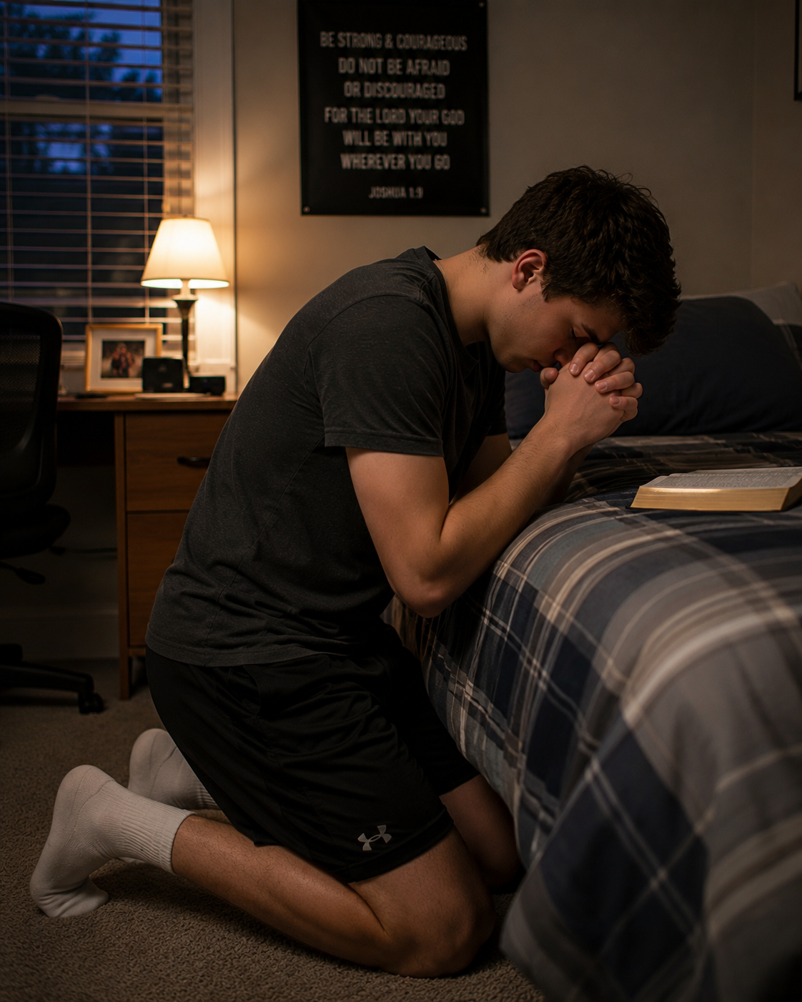 Young man kneeling in prayer beside his bed